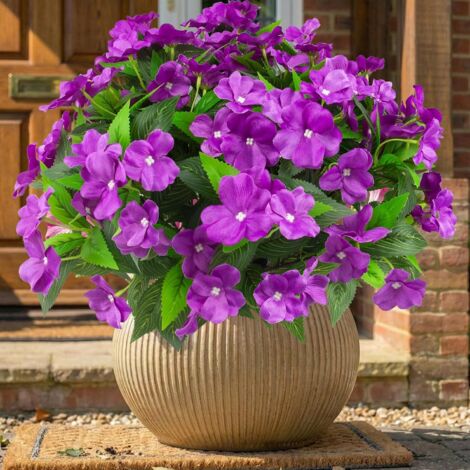 4 Pièces Fleurs Artificielles Impatiens Extérieures Résistantes aux UV Plantes Artificielles en Soie Décoration Jardin Terrasse Balcon, Violet