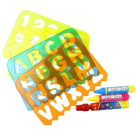 4 pièces Gabarits de Peinture Géométriques Alphabet en Plastique pour Enfants avec 3 Stylos - Set de Modèles à Dessin Creux