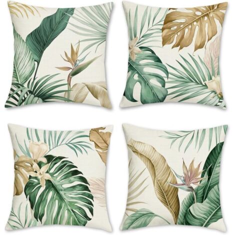 4 Pièces Housse de Coussin Feuilles Tropicales 45 x 45 cm Feuille Brun Vert  Décoratif Taie d'oreiller pour Canapé Maison Jardin Extérieur Été Décoration