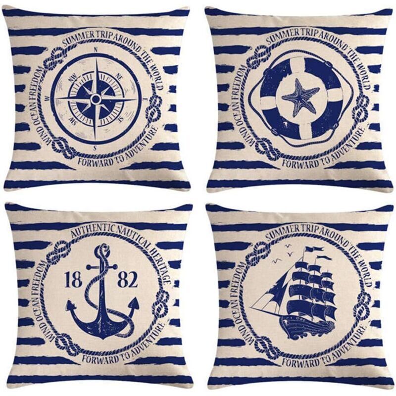 4 pièces housse de coussin voile Navigation boussole housse de coussin décorative coton lin jeter taies d'oreiller 45x45 cm