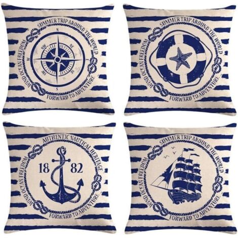 4 pièces housse de coussin voile Navigation boussole housse de coussin décorative coton lin jeter taies d'oreiller 45x45 cm