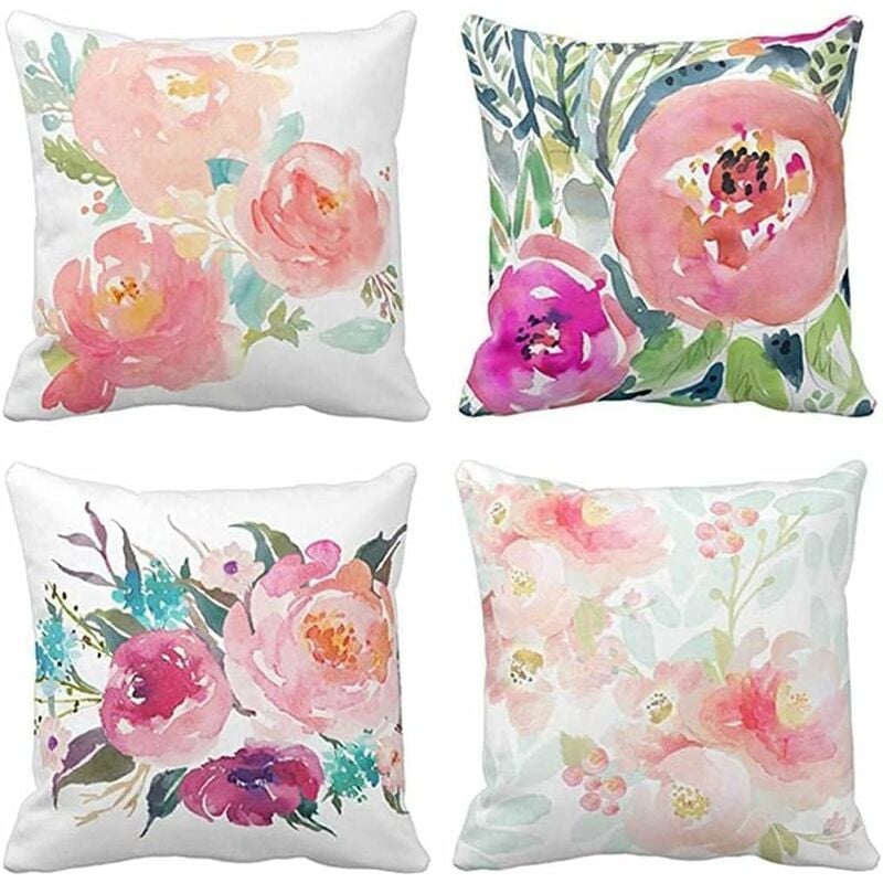 Ahlsen - 4 pièces housses de coussin 45 x 45 cm pivoine été aquarelle floral rose fleurs Girly pastel menthe coloré taie d'oreiller décorative décor