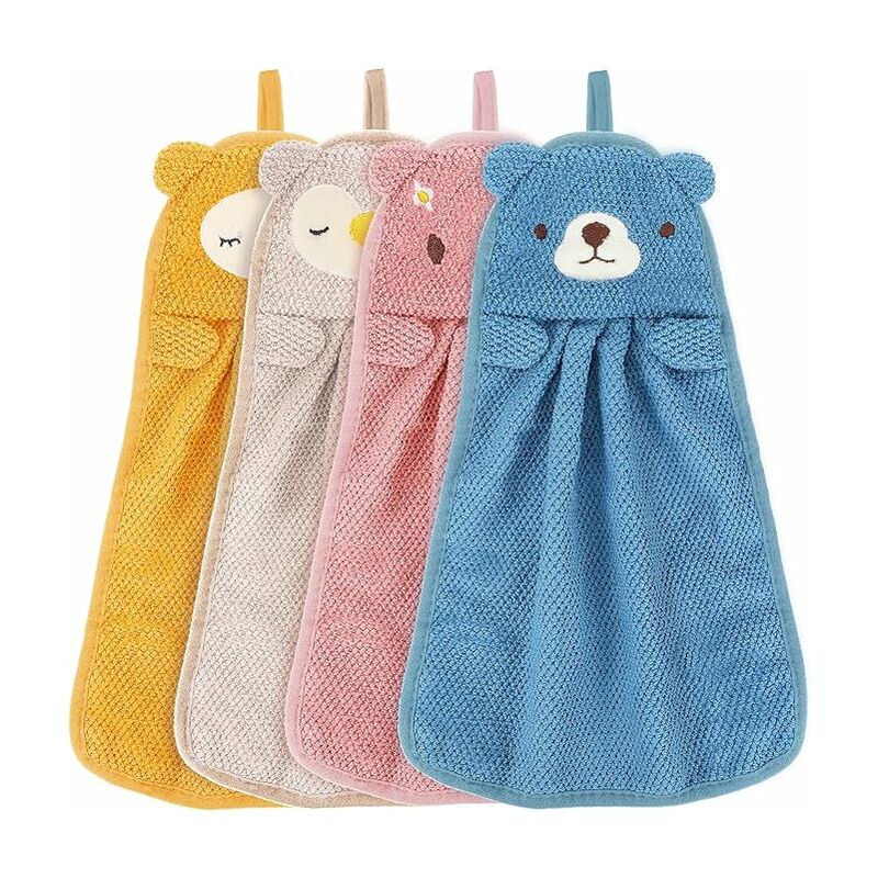 4 Pieces Kids Towels Cute Animal Towel Microfiber Quick Dry Absorbent Towels Hand Towels with Hanging Loop for Kitchen and Bathrooms