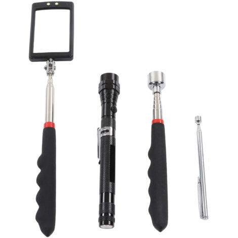 4 Pièces Kit d'Outils Magnétiques Télescopiques avec Miroir d'Inspection Pivotant 360°, Lampe LED Flexible et Tige de 20lb