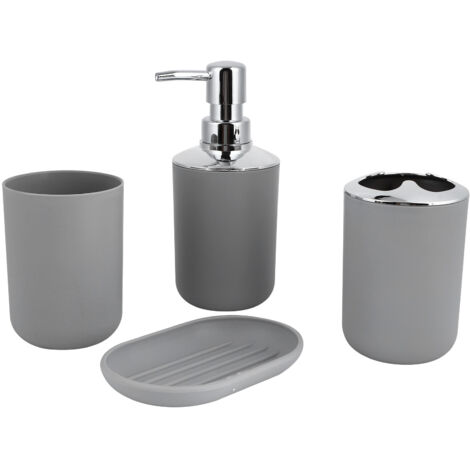 4 Pièces Kit Salle de Bain Accessoires, Bouteille de Lotion Plastique, Rangement Goblet, Récipient Rinçage, Porte-Savon Gris