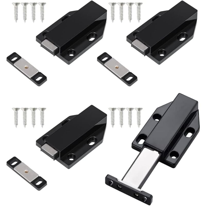 4 Pièces Loquets Magnétiques Fermeture Push, Push to Open Amortisseur Porte Placard, Noir