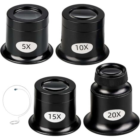 4 Pièces Loupes de Bijoutier Kits 5X 10x 15x 20x Loupe Horloger avec Porte-Fil Jewelers Loupes d'Horloger de Différentes Forces pour Montre Horloge et Détails Précis Réparation