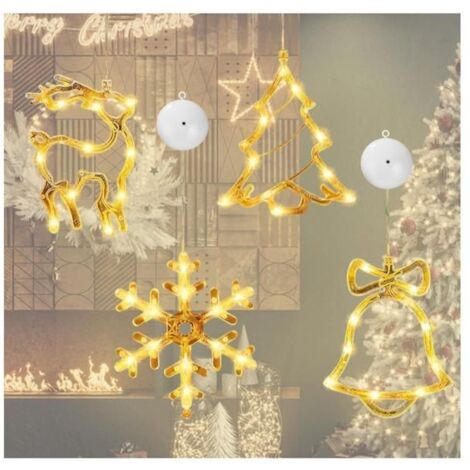 4 Pièces Lumière de Fenêtre à Ventouse LED Décoration Fenêtre Noël Lumineuse Blanc Chaud Déco de Noël Intérieur Lumière Fenêtre