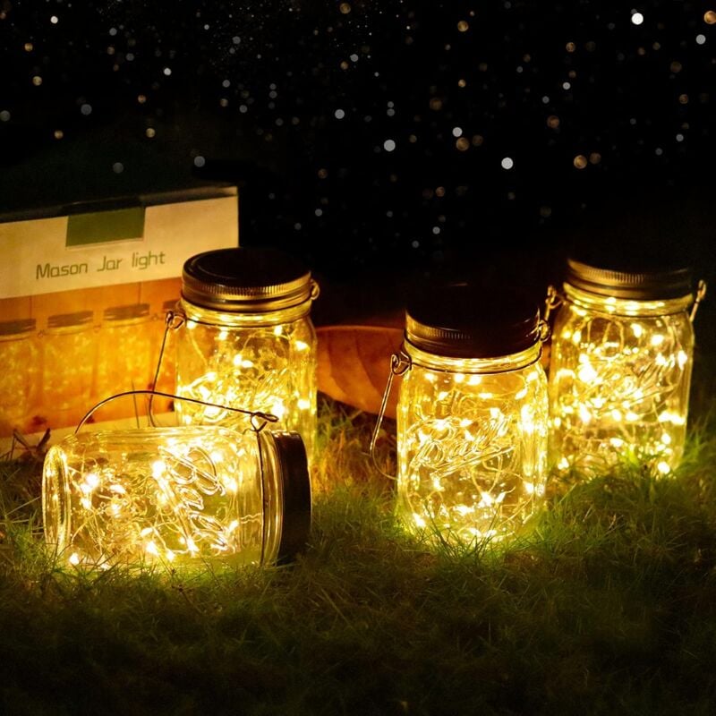 4 Pièces Lumière de Jardin Solaire - 20LED Lumière Solaire Extérieure, Imperméable à l'eau Mason Jar Lampes Lanterne Solaire, Lumière Solaire
