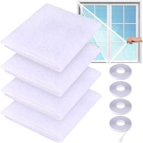 4 Pièces Moustiquaire Fenêtre Écran Filet Écran Insecte 2m X 1.5m Fly Bug Mosquito Protection D'écran en Maille Filet avec 4 Auto-Rubans Adhésifs (Blanc)