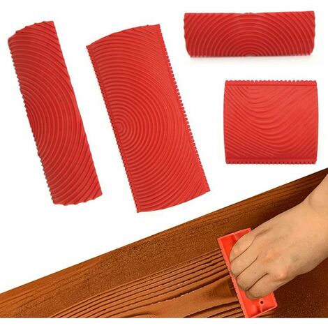 4 Pièces Outil de Grain de Bois, Outils de Peinture à Grain de Bois en Caoutchouc, Brosse Murale en Caoutchouc, pour Outils de Texture pour Mur de Maison (Rouge)，Fonepro