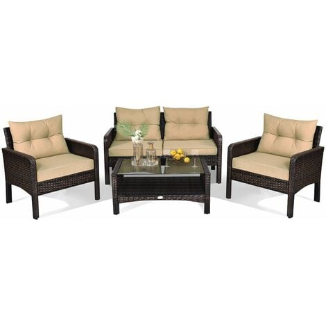 4 Pieces PE Rattan Patio Conversation Set Outdoor Rattan Furniture With Cushions