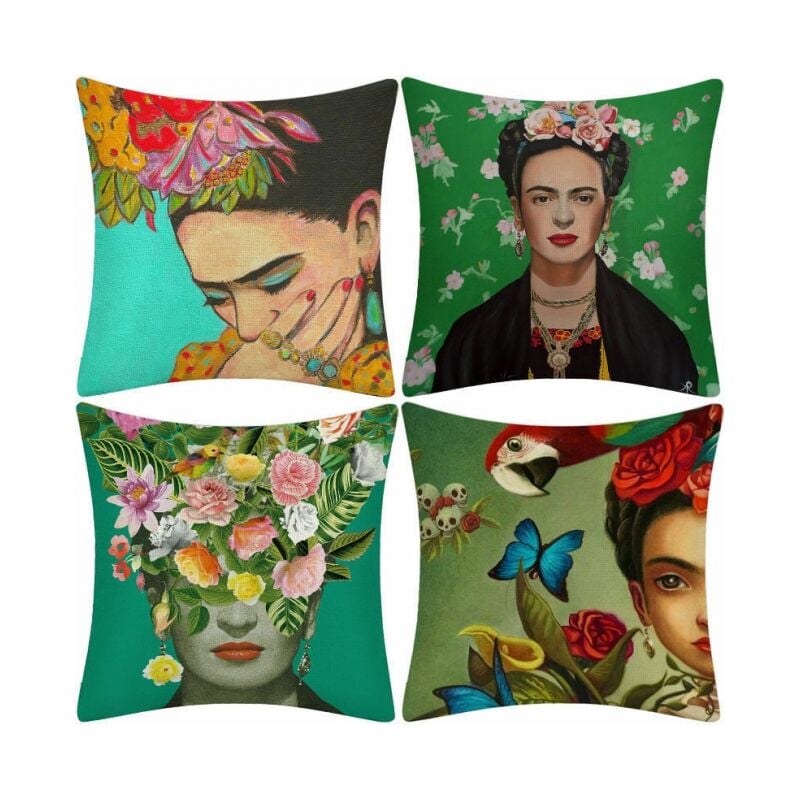 Serbia - 4 pièces peinture à l'huile Frida Kahlo autoportrait coton lin jeter taie d'oreiller voiture, coussin canapé, canapé, couvre-lit 4545CM