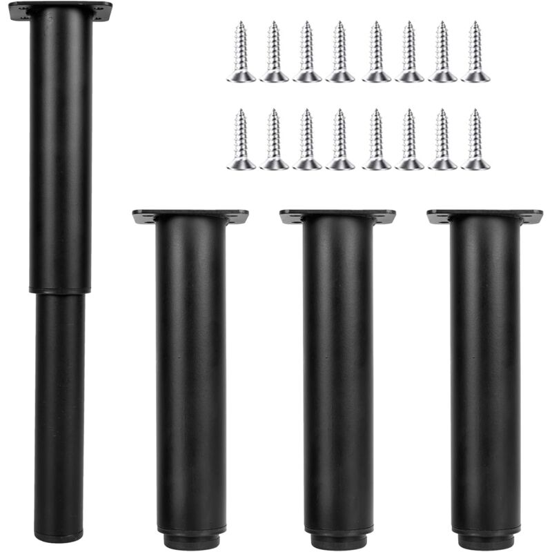 4 Pièces Pieds de Meubles Réglables 18-30cm Pieds de Canapé en Métal avec 16 Vis Pieds de Meubles Metal Noir Pieds de Lit Metal pour Table Chaise