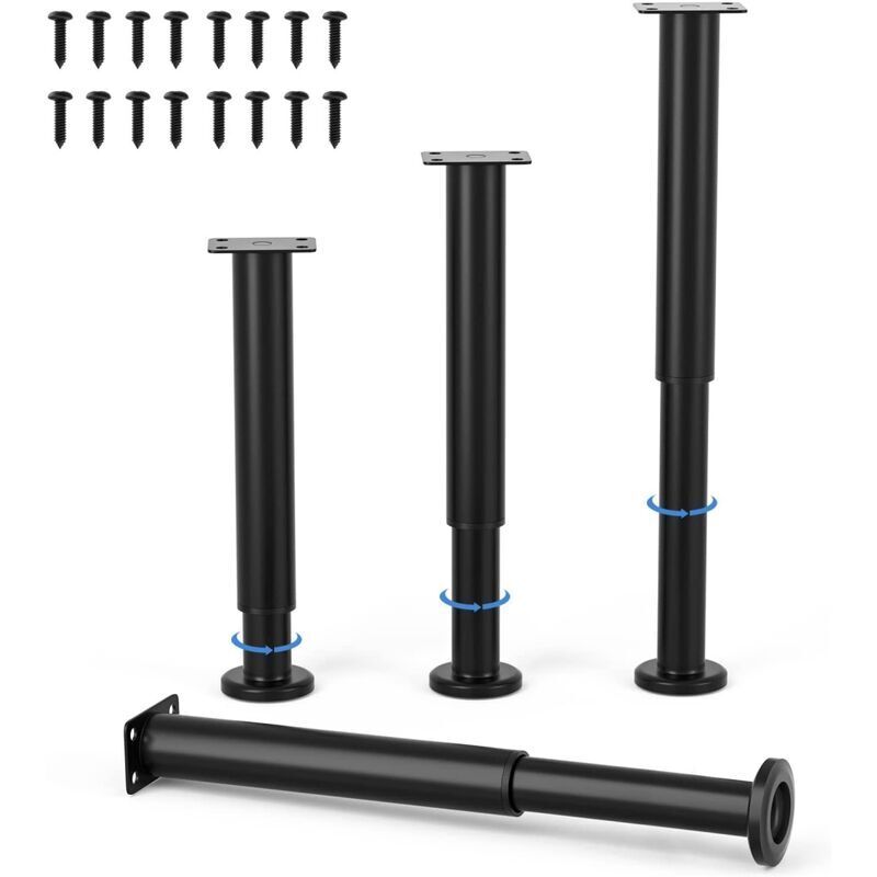 4 Pièces Pieds de Meubles Réglables 25cm Noir Jambe de Table Rond en Métal pour Canapé Armoire Lit avec Vis