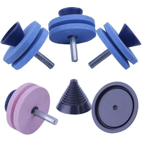 4 pièces Pierre à aiguiser Double Couche Tondeuse à Gazon Affûteuse de Lame pour perceuse avec équilibreur de Lame pour perceuse à Main Power Drill