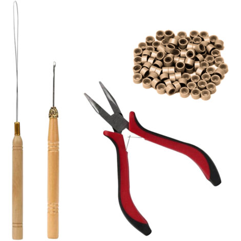 4 pièces Pince à Perruque Pointe Courbée Crochet Aiguille en Bois Anneaux en Silicone Outils pour Extensions Capillaires Marron Clair