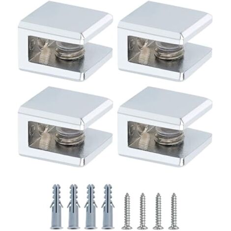 4 Pièces Pince à Verre Carrée en Alliage de Zinc pour Étagère, Support Universel pour Verre de 3 à 6 mm, Fixation Murale Invisible du Verre Robuste, Support de Verre Réglable Chrome