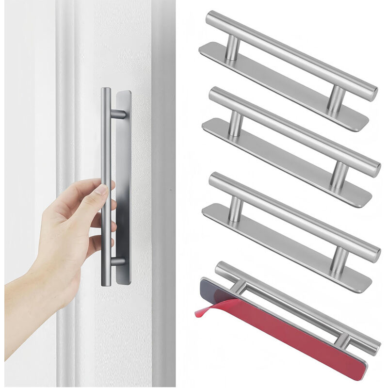 4 Pièces Poignée de Meuble Autocollante, Poignée Porte Coulissante en Acier Inoxydable sans Perçage, Poignées pour Placard Cuisine Frigo Tiroir Porte