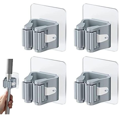 4 Pièces porte-balai mural autocollant, Pince de vadrouille accroche balai mural sans percer support de balai mural Gris Accroche Balai pince à balai mural Pour les cuisines de salle de bains