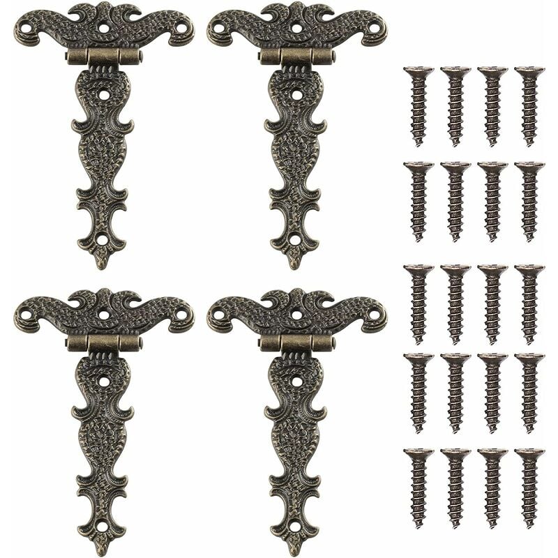 Pesce - 4 Pieces Retro Hinge, Retro Bronze Decorative Hinges with Mounting Screws, Suitable for Cabinet Furniture Toolbox Decoration Repair (4.45