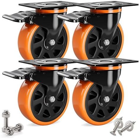4 pièces roulettes pour charges lourdes Ø100mm avec freins, accessoires de montage inclus Roulettes pivotantes Roulettes de transport Rotation 360° jusqu'à 600KG Portabilité