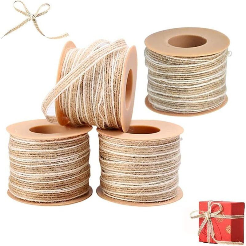 4 Pièces Ruban de Toile de Jute, Ruban de Jute 10M, Ruban de Jute avec Dentelle, Ruban de Chanvre Naturel, Ruban Artisanal, Rouleau de Ruban en Toile