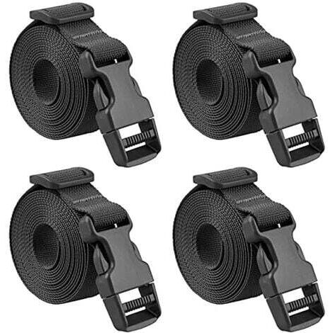 4 pièces Sangle à Boucle Rapide 2.5188cm Sangle Valise Petite Sangle à Cliquet Plastique pour Arrimage Bagage Fixation (Noir - 25 mm, 188cm）