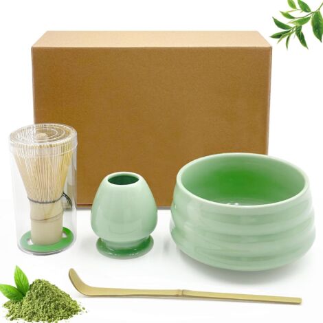 4 pièces Set de bol à matcha en céramique, bol à matcha, fouet à matcha, spatule, porte-balai à matcha pour la cérémonie du thé.