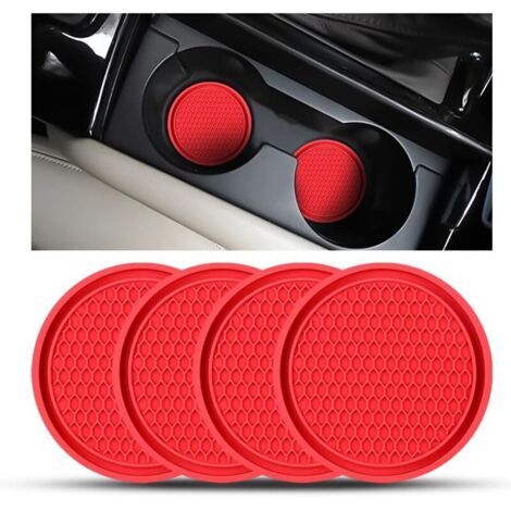 4 Pièces sous Verres Voiture Universel Anti Dérapant Silicone, Porte-Gobelet en PVC Épais, Tapis Universel pour Gobelets Automobiles (Rouge)
