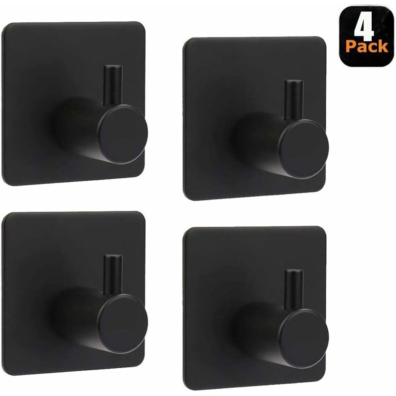 4 Pieces Stainless Steel Adhesive Hook, 8Kg Max Bathroom Wall Hook, Towel Holder, Family and Office, Self Adhesive, Black