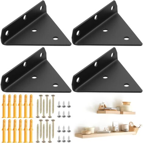 4 Pièces Supports d'Étagère Triangulaires, Equerre Etagere Mural Dissimulés, Equerre Metal de étagère Flottant avec Vis pour Déco Salon Chambre Salle de Bain (Noir)