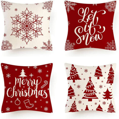 4 Pièces Taie d'Oreiller de Noël Styles d'éléments de Noël Motif Housse de Coussin Décorative Taies d'Oreiller en Lin et Coton (45 x 45 cm, Noël Rouge)