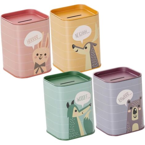 4 Pièces Tirelire pour Garçon Fille Boîte à Carrée Tôle avec Motifs Dessin Animé Cadeau Pratique pour Garçon et Fille Couleur