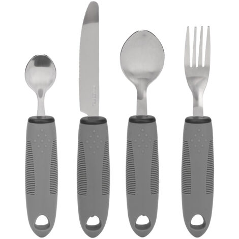 4 Pièces Ustensiles Adaptés Poignée Antidérapante en Caoutchouc Alourdie pour Personnes Âgées Tremblements des Mains Cuillère Fourchette Couteau Acier Inoxydable Gris