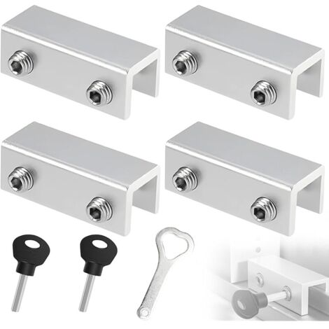 4 Pièces Verrou Baie Coulissante, Serrure de Fenêtre en Aluminium Argent Réglable, Bloc Porte Coulissante Adaptée aux Portes Coulissantes et Fenêtres d'une Épaisseur de 1–16 mm, Inclut 2 Clés