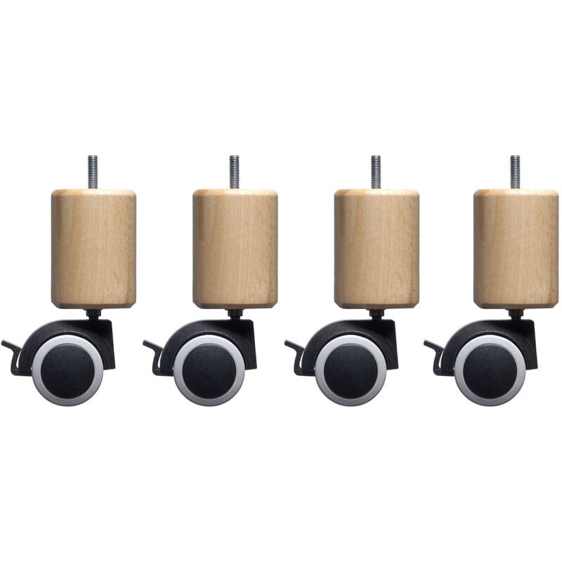 Someo - 4 pieds cylindriques bois naturel à roulette pivotante et frein 15 cm