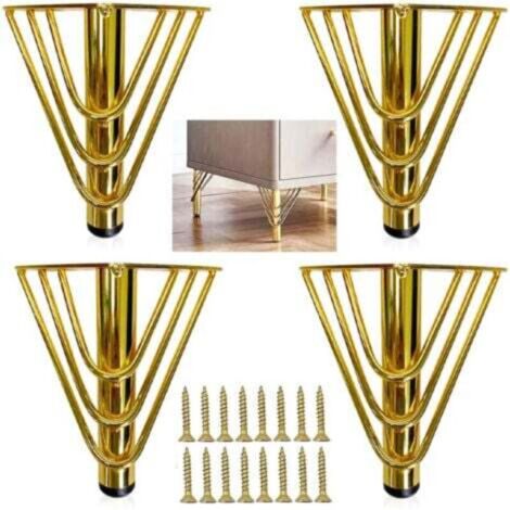 4 pieds de meuble en métal doré avec vis, pieds de canapé moderne chic élégant, 15 cm, protection de sol, base silencieuse antidérapante