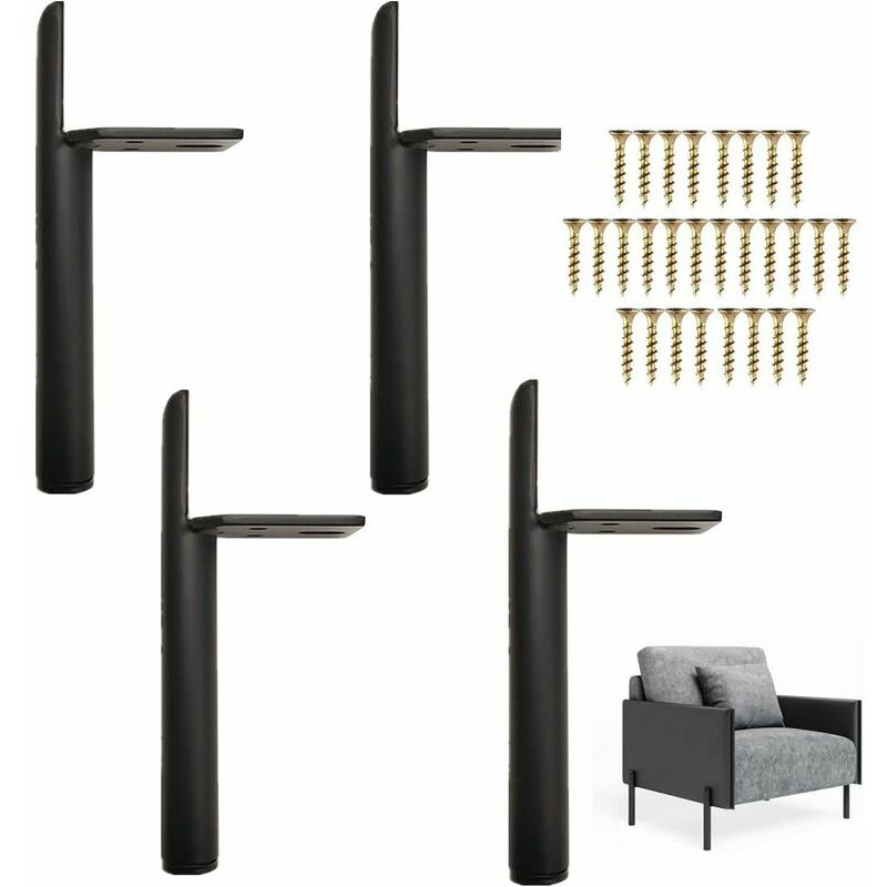 4 pieds de meuble en métal noir, pied de rechange pour canapé de 15 cm, protection de sol + base silencieuse antidérapante