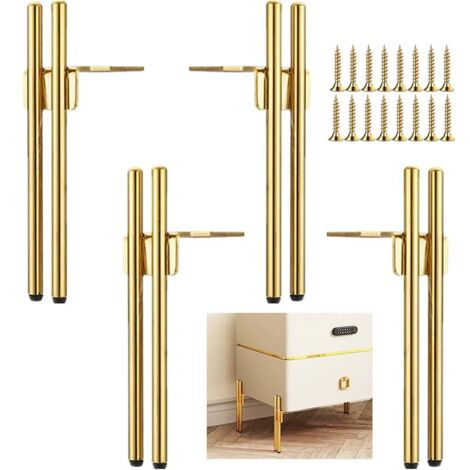 4 Pieds de Meubles Metal Doré Design, Pied Canapé de Rechange Chic Elégant, Pied pour Table Basse de 15cm, Meuble TV, Armoire Salle de Bain, Protection du Sol+Base Silencieuse Antidérapante