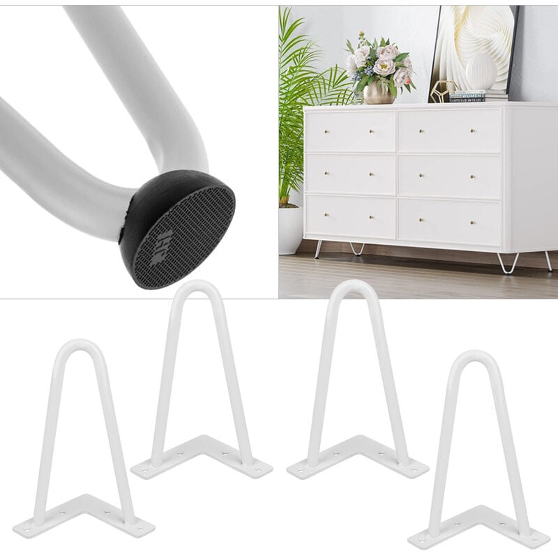 Skecten - 4 Pieds de Table en Épingle à Cheveux 20cm 2 Tiges en Acier Noir Épaisseur 12mm - Blanc
