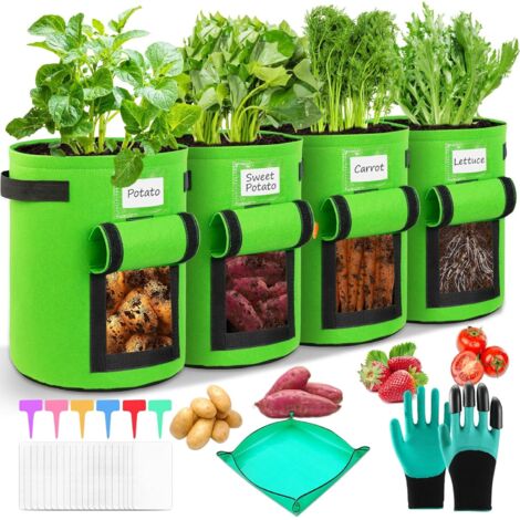 4 Piezas Bolsas de Cultivo de Papa 10 Galones,Bolsa de Plantación con Ventana de y Guantes de Jardinería,Bolsas para Plantas para Plantas,Tomates,Fresas,Pimientos,Zanahorias