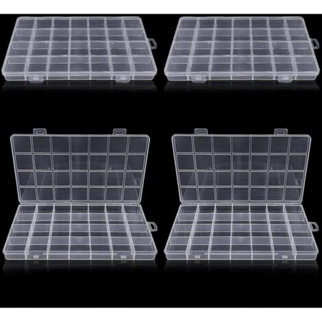 (4 piezas) Caja de almacenamiento de plástico con 28 compartimentos, caja de compartimentos transparente, para pequeñas piezas de plástico con etiqueta, manualidades, cuentas, joyas, piezas pequeñas