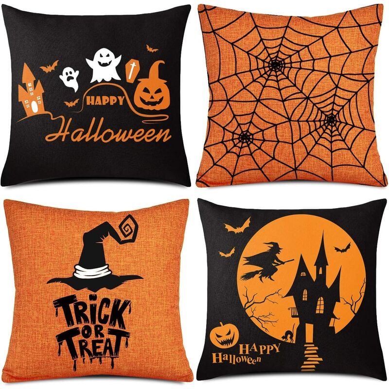 

4 piezas de funda de almohada de Halloween, funda de almohada naranja y negra, decoración de funda de almohada de lino Happy Halloween