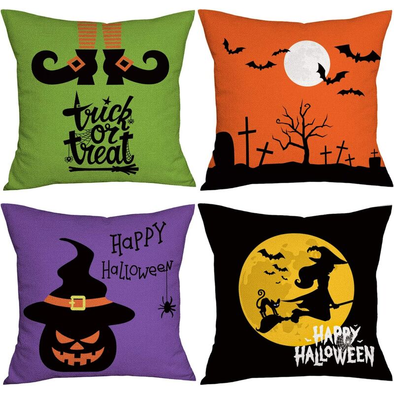 

4 piezas de fundas de almohada de Halloween, fundas de almohada de calabaza y bruja, tela de araña de otoño, lápida, gato negro, funda de almohada