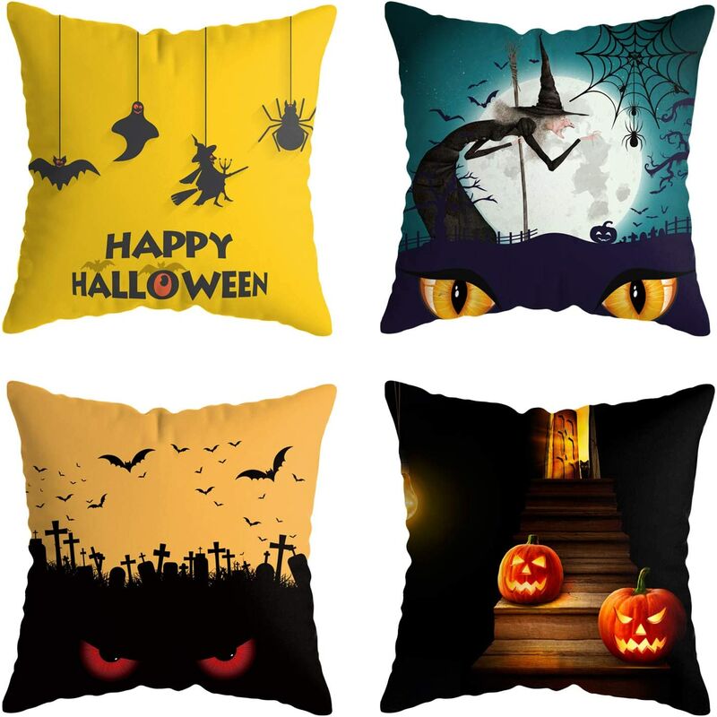 

4 piezas Funda de almohada de Halloween Funda de almohada decorativa Funda de cojín para truco de Halloween Regalo dorado Bruja Calabaza Gato Regalo