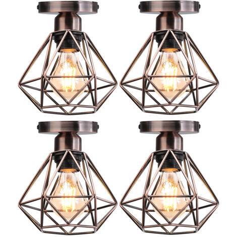 4 Piezas Lámpara de Techo Industrial Metal Luz Colgante Estilo Vintage Diseño de Jaula Diamante para Salón Dormitorio Comedor (Latón Rojo)