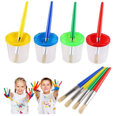 4 pinceaux et 4 gobelets anti-renversement avec couvercles pour enfants débutants