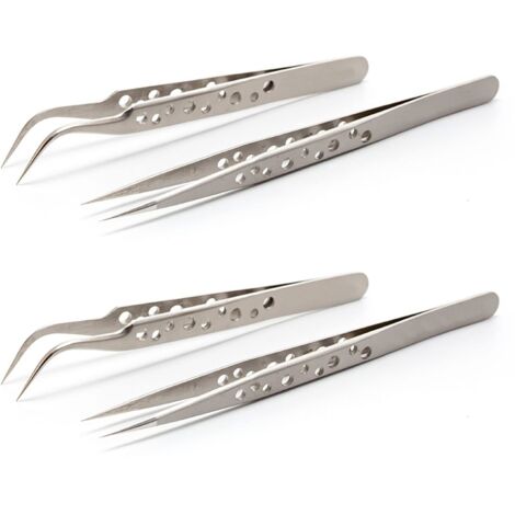 4 pinzas de precisión, pinzas de precisión, 2 pinzas rectas y 2 curvas, pinzas electrónicas, pinzas de precisión, antiestáticas, acero inoxidable, reparación, bricolaje
