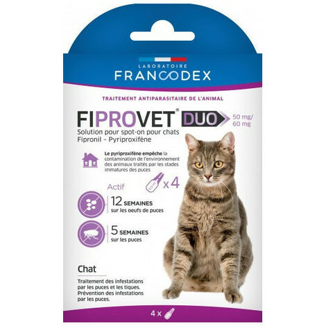 4 pipettes anti puces Fiprovet duo pour chat - Francodex